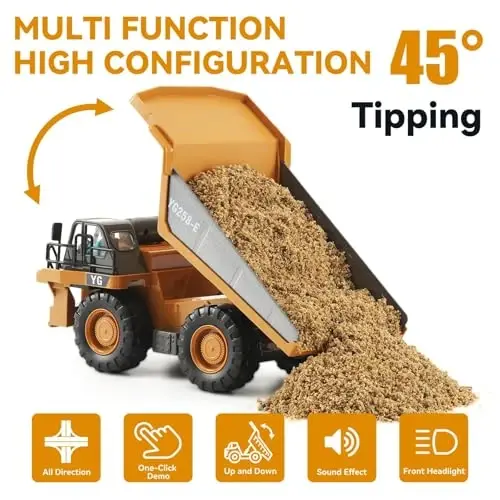 KIZJORYA Remote Control Dump Truck, RC Construction Vehicle for Kids with 9 Channel Metal Bed Light Sound & Rechargeable Battery, Electric Transport Garbage Truck Toy for Toddlers Boys Girls Age 6+ - 2