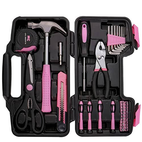 39 Piece All Purpose Basic Household Pink Tool Kit for Women - Small Tool Set with Toolbox Great for Home, Garage, Office and College Dormitory Use - 2