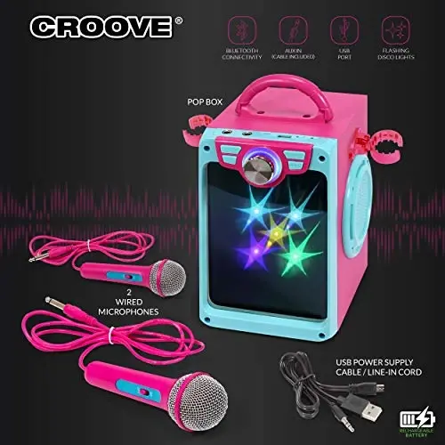 Croove Rechargeable Karaoke Machine for Kids, Pink Portable Karaoke Set, Gift for Girl Speaker & 2 Microphones with Lyrics Display, Bluetooth/AUX/USB, Best Birthday Gifts For Girls Ages 8 9+ Years Old - 4