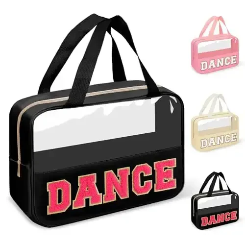 Dance Bag for Girls Chenille Letter Clear Makeup DANCE Stuff Bag,Toddler Dance Recital Gifts Ballet Cosmetic Zipper with Handle,Dance Competition Must Haves Accessories Toiletry Storage(DANCE-Black) 