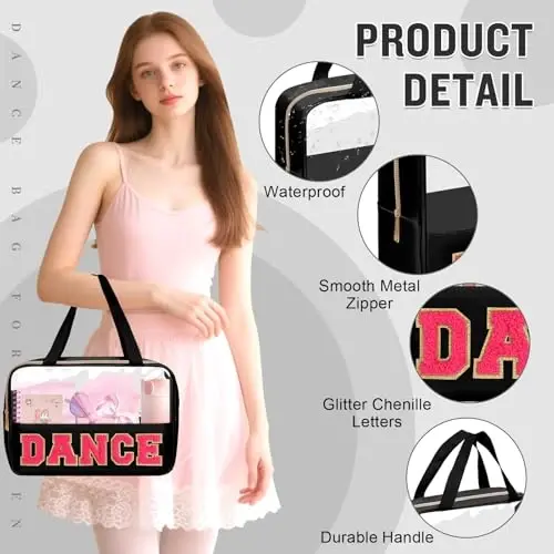 Dance Bag for Girls Chenille Letter Clear Makeup DANCE Stuff Bag,Toddler Dance Recital Gifts Ballet Cosmetic Zipper with Handle,Dance Competition Must Haves Accessories Toiletry Storage(DANCE-Black) - 3