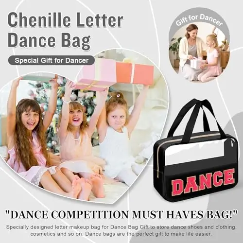 Dance Bag for Girls Chenille Letter Clear Makeup DANCE Stuff Bag,Toddler Dance Recital Gifts Ballet Cosmetic Zipper with Handle,Dance Competition Must Haves Accessories Toiletry Storage(DANCE-Black) - 4
