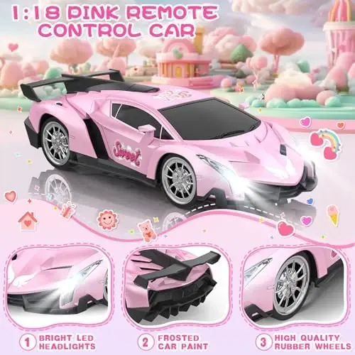 Growsland Remote Control Car for Girls, 1: 18 Pink RC Cars Toys for Kids Girl Electric Vehicle Toy Car Hobby Racing Car with Lights & Controller, Birthday Gifts for Girl Boys Age 3 4 5 6 7 8 9 Year Old - 1