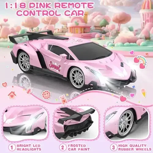 Growsland Remote Control Car for Girls, 1: 18 Pink RC Cars Toys for Kids Girl Electric Vehicle Toy Car Hobby Racing Car with Lights & Controller, Birthday Gifts for Girl Boys Age 3 4 5 6 7 8 9 Year Old - 1