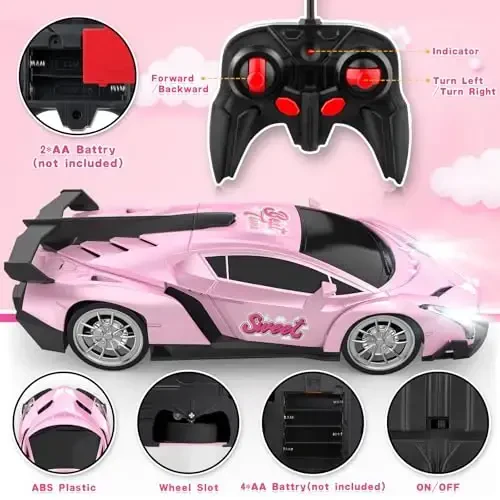 Growsland Remote Control Car for Girls, 1: 18 Pink RC Cars Toys for Kids Girl Electric Vehicle Toy Car Hobby Racing Car with Lights & Controller, Birthday Gifts for Girl Boys Age 3 4 5 6 7 8 9 Year Old - 2