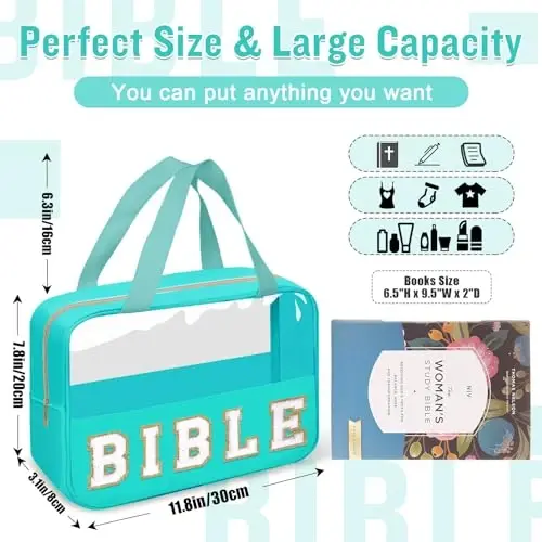 Chenille Letter Bible Bag Case for Girls,Large Study Supplies Church Bag Cover Purse Fits All Bibles,Cute Preppy Christian Tote with Handle Zipper Bible Accessories Gifts for Women(BIBLE-Green) - 2