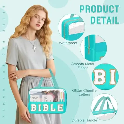Chenille Letter Bible Bag Case for Girls,Large Study Supplies Church Bag Cover Purse Fits All Bibles,Cute Preppy Christian Tote with Handle Zipper Bible Accessories Gifts for Women(BIBLE-Green) - 3