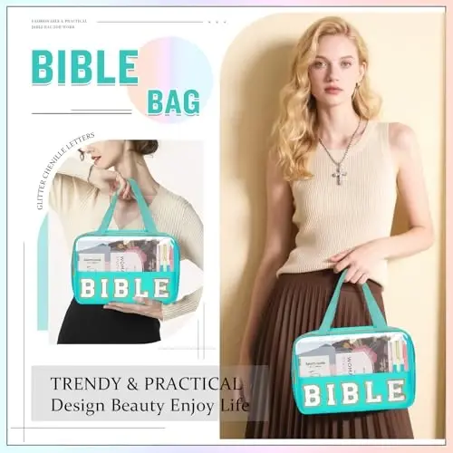 Chenille Letter Bible Bag Case for Girls,Large Study Supplies Church Bag Cover Purse Fits All Bibles,Cute Preppy Christian Tote with Handle Zipper Bible Accessories Gifts for Women(BIBLE-Green) - 5