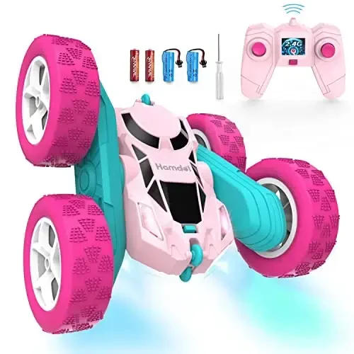 Hamdol Pink Remote Control Car for Girls, 360° Flipping Stunt Car with LED Headlights, Rechargeable 4WD Electric Toy Vehicle, Princess Gift for 6 7 8 9 10 11 Year Old Girls, Birthday & Christmas Toy - HAMDOL
