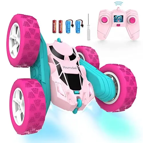 Hamdol Pink Remote Control Car for Girls, 360° Flipping Stunt Car with LED Headlights, Rechargeable 4WD Electric Toy Vehicle, Princess Gift for 6 7 8 9 10 11 Year Old Girls, Birthday & Christmas Toy - 1