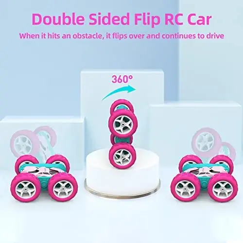 Remote Control Car for Girls Pink RC Car Double Sided 360°Flip Stunt Car with Headlights, Girl Princess Toys Rechargeable Toy Car for 6-7 6-8 9 10-12 Year Old Girls Birthday - 2
