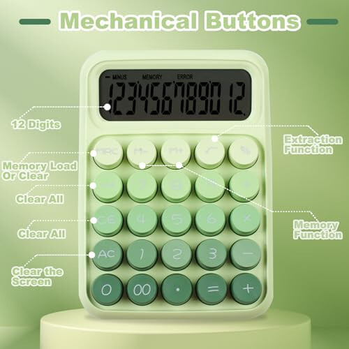 KJAHLAL Mechanical Pushbutton Calculator, 12 Digit Large LCD Display, Big Buttons Easy to Press Use as Office Calculators Desktop, Forest Green Computer Big Button for Schools, Homes and Businesses - 4