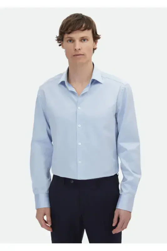 Кўк чизиқли Regular Fit тўқима классик 100% пахта кўйлак - 1