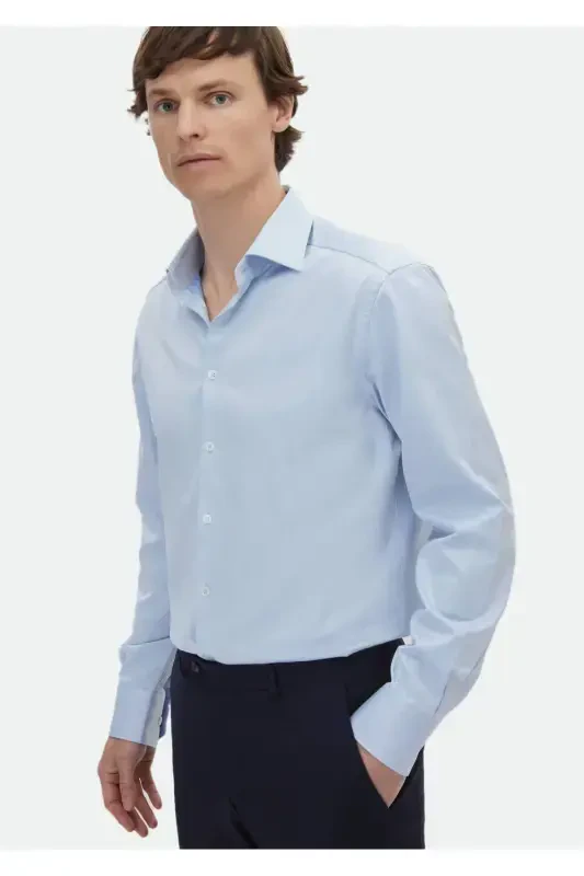 Кўк чизиқли Regular Fit тўқима классик 100% пахта кўйлак - 3