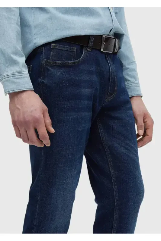 Кўк рангли, юпқа, Slim Fit кесишдаги, пахта аралаш деним шим - 4