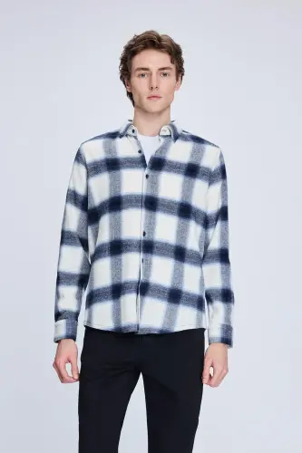 Кўк рангли Slim Fit карели тугмали ёқа узун кўйлак 