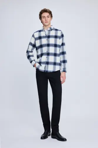 Кўк рангли Slim Fit карели тугмали ёқа узун кўйлак - HATEMOĞLU (1)