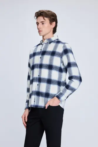 Кўк рангли Slim Fit карели тугмали ёқа узун кўйлак - 3