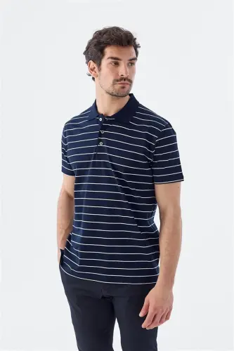 Кўк рангли, Slim Fit кесилган, йўл-йўл, 100% пахтадан тикилган поло ёқали футболка 