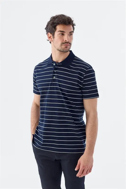 Кўк рангли, Slim Fit кесилган, йўл-йўл, 100% пахтадан тикилган поло ёқали футболка - 1