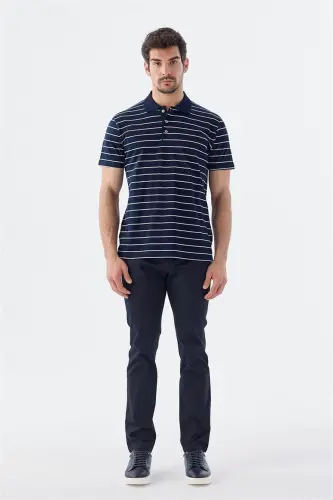 Кўк рангли, Slim Fit кесилган, йўл-йўл, 100% пахтадан тикилган поло ёқали футболка - JAKAMEN (1)
