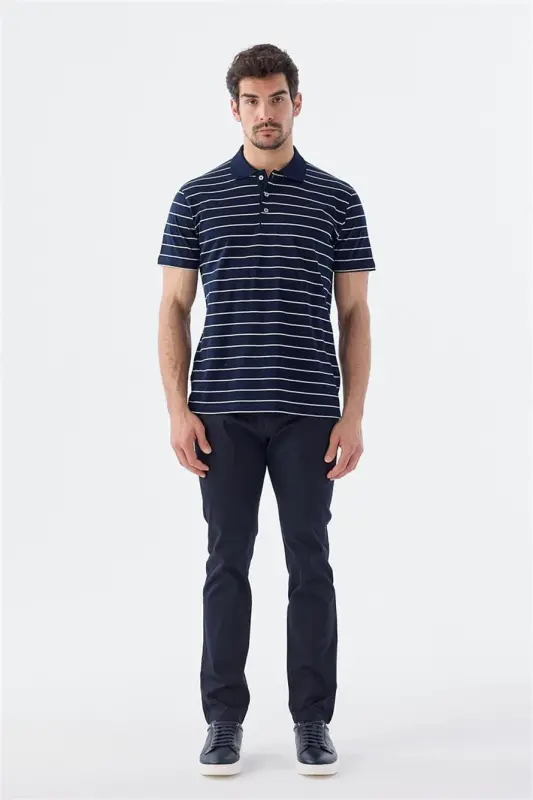 Кўк рангли, Slim Fit кесилган, йўл-йўл, 100% пахтадан тикилган поло ёқали футболка - 2