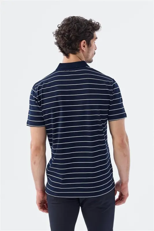 Кўк рангли, Slim Fit кесилган, йўл-йўл, 100% пахтадан тикилган поло ёқали футболка - 4