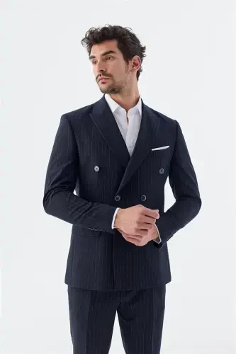 Кўк рангли, Slim Fit кесилган, йўл-йўл чизиқли, кружкали костюм. - JAKAMEN (1)