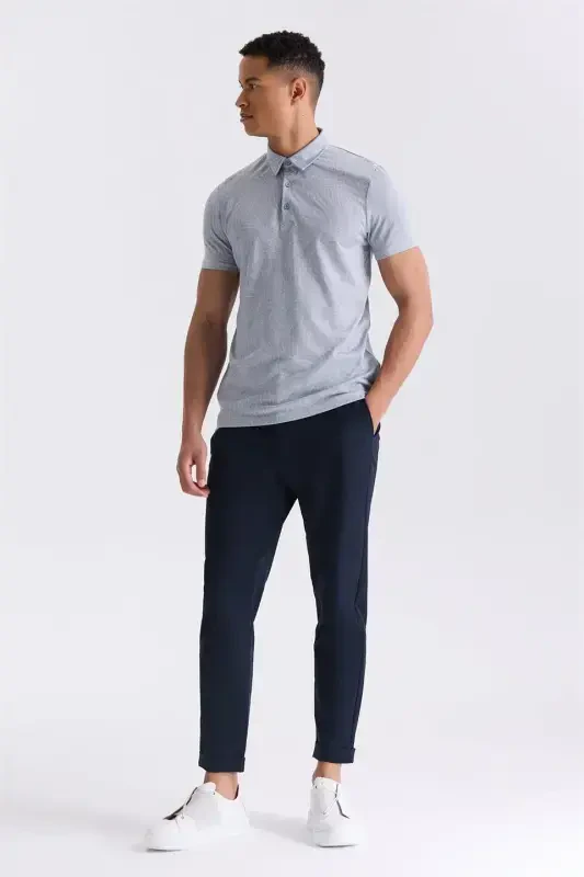 Кўк рангли Slim Fit нақшли кўйлак ёқали футболка - 2