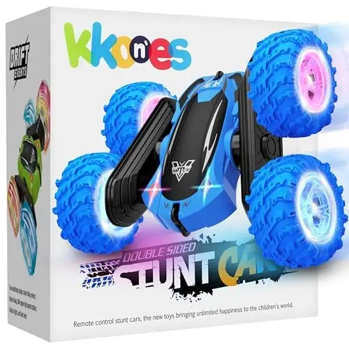 KKONES Masofadan boshqariladigan avtomobil, 2,4 GHz ikki tomonlama 360° aylanadigan elektr poyga RC Stunt Car, LED g'ildirak va faralar Yuqori tezlikda yo'ldan tashqari avtomobillar o'yinchoq sovg'asi 3 4 5 6 7 8-12 yoshli o'g'il bolalar uchun o'yinchoqlar (ko'k) - KKONES
