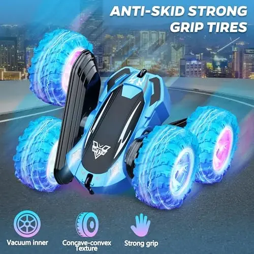 KKONES Masofadan boshqariladigan avtomobil, 2,4 GHz ikki tomonlama 360° aylanadigan elektr poyga RC Stunt Car, LED g'ildirak va faralar Yuqori tezlikda yo'ldan tashqari avtomobillar o'yinchoq sovg'asi 3 4 5 6 7 8-12 yoshli o'g'il bolalar uchun o'yinchoqlar (ko'k) - 5