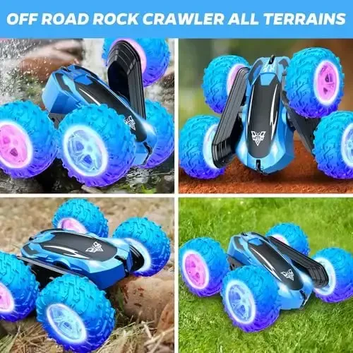 KKONES Masofadan boshqariladigan avtomobil, 2,4 GHz ikki tomonlama 360° aylanadigan elektr poyga RC Stunt Car, LED g'ildirak va faralar Yuqori tezlikda yo'ldan tashqari avtomobillar o'yinchoq sovg'asi 3 4 5 6 7 8-12 yoshli o'g'il bolalar uchun o'yinchoqlar (ko'k) - 6
