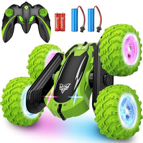 KKONES Masofadan boshqariladigan mashina, 2,4 Gts elektr poyga dublyor mashinasi, ikki tomonlama 360° aylanuvchi aylanish, LED faralari RC 4WD yuqori tezlikdagi off-road 3 4 5 6 7 8-12 yoshli o'g'il bolalar o'yinchoqlari uchun sovg'a (yashil) - 7