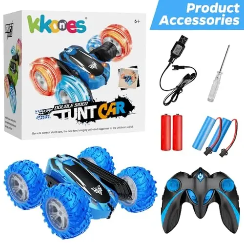 KKONES Remote Control Car, 2.4GHz Double Sided 360° Flips Rotating Electric Race RC Stunt Car, LED Wheel & Headlight High Speed Off Road Cars Toy Gift for 3 4 5 6 7 8-12 Year Old Boy Toys (Blue) - 4