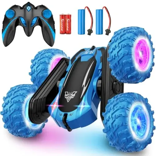 KKONES Remote Control Car, 2.4GHz Double Sided 360° Flips Rotating Electric Race RC Stunt Car, LED Wheel & Headlight High Speed Off Road Cars Toy Gift for 3 4 5 6 7 8-12 Year Old Boy Toys (Blue) - KKONES