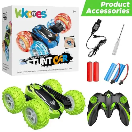 KKONES Remote Control Car, 2.4GHz Electric Race Stunt Car, Double Sided 360° Rolling Rotating Rotation, LED Headlights RC 4WD High Speed Off Road Gift for 3 4 5 6 7 8-12 Year Old Boy Toys (Green) - 1