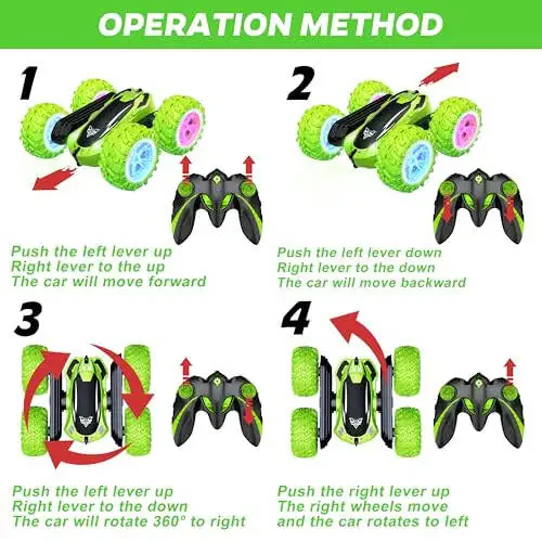 KKONES Remote Control Car, 2.4GHz Electric Race Stunt Car, Double Sided 360° Rolling Rotating Rotation, LED Headlights RC 4WD High Speed Off Road Gift for 3 4 5 6 7 8-12 Year Old Boy Toys (Green) - 3