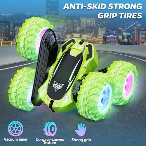 KKONES Remote Control Car, 2.4GHz Electric Race Stunt Car, Double Sided 360° Rolling Rotating Rotation, LED Headlights RC 4WD High Speed Off Road Gift for 3 4 5 6 7 8-12 Year Old Boy Toys (Green) - 4