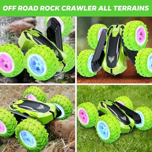 KKONES Remote Control Car, 2.4GHz Electric Race Stunt Car, Double Sided 360° Rolling Rotating Rotation, LED Headlights RC 4WD High Speed Off Road Gift for 3 4 5 6 7 8-12 Year Old Boy Toys (Green) - 5