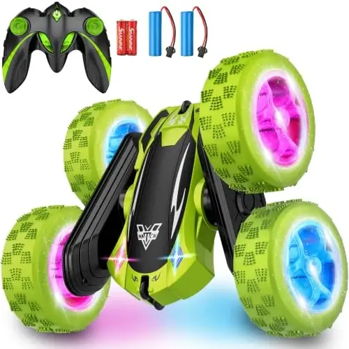 KKONES Remote Control Car, 2.4GHz Electric Race Stunt Car, Double Sided 360° Rolling Rotating Rotation, LED Headlights RC 4WD High Speed Off Road Gift for 3 4 5 6 7 8-12 Year Old Boy Toys (Green) - 1