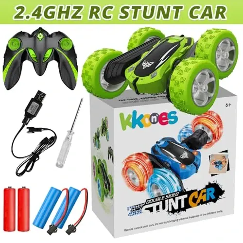 KKONES Remote Control Car, 2.4GHz Electric Race Stunt Car, Double Sided 360° Rolling Rotating Rotation, LED Headlights RC 4WD High Speed Off Road Gift for 3 4 5 6 7 8-12 Year Old Boy Toys (Green) - KKONES (1)