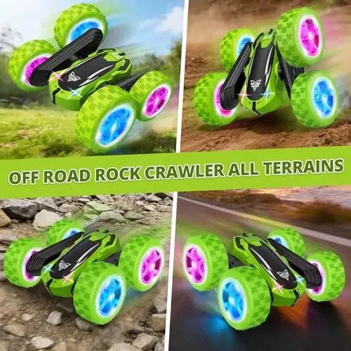 KKONES Remote Control Car, 2.4GHz Electric Race Stunt Car, Double Sided 360° Rolling Rotating Rotation, LED Headlights RC 4WD High Speed Off Road Gift for 3 4 5 6 7 8-12 Year Old Boy Toys (Green) - 3