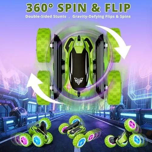 KKONES Remote Control Car, 2.4GHz Electric Race Stunt Car, Double Sided 360° Rolling Rotating Rotation, LED Headlights RC 4WD High Speed Off Road Gift for 3 4 5 6 7 8-12 Year Old Boy Toys (Green) - 4