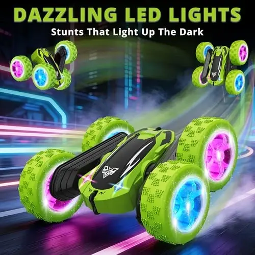 KKONES Remote Control Car, 2.4GHz Electric Race Stunt Car, Double Sided 360° Rolling Rotating Rotation, LED Headlights RC 4WD High Speed Off Road Gift for 3 4 5 6 7 8-12 Year Old Boy Toys (Green) - 5