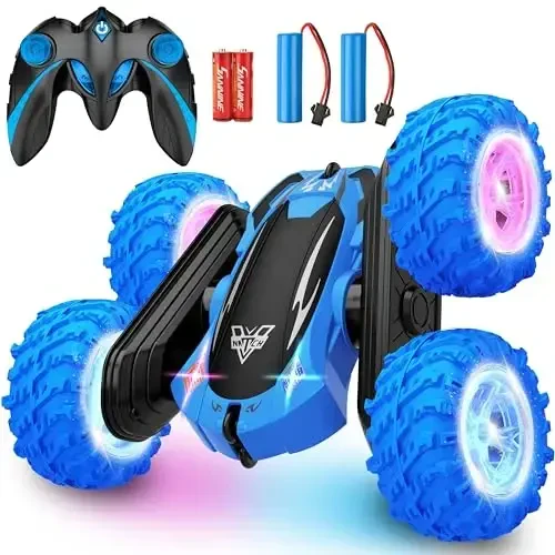 KKONES Remote Control Car, 2.4GHz Double Sided 360° Flips Rotating Electric Race RC Stunt Car, LED Wheel & Headlight High Speed Off Road Cars Toy Gift for 3 4 5 6 7 8-12 Year Old Boy Toys (Blue) - 1