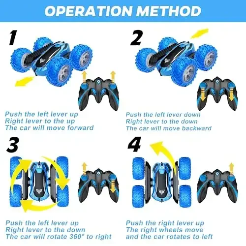 KKONES Remote Control Car, 2.4GHz Double Sided 360° Flips Rotating Electric Race RC Stunt Car, LED Wheel & Headlight High Speed Off Road Cars Toy Gift for 3 4 5 6 7 8-12 Year Old Boy Toys (Blue) - 2