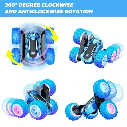 KKONES Remote Control Car, 2.4GHz Double Sided 360° Flips Rotating Electric Race RC Stunt Car, LED Wheel & Headlight High Speed Off Road Cars Toy Gift for 3 4 5 6 7 8-12 Year Old Boy Toys (Blue) - 3