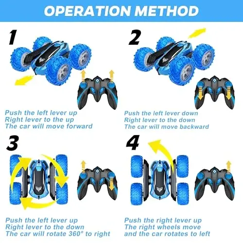 KKONES Remote Control Car, 2.4GHz Double Sided 360° Flips Rotating Electric Race RC Stunt Car, LED Wheel & Headlight High Speed Off Road Cars Toy Gift for 3 4 5 6 7 8-12 Year Old Boy Toys (Blue) - 2