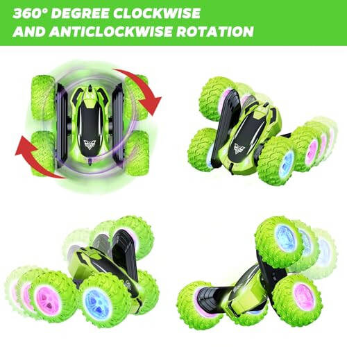 KKONES Remote Control Car, 2.4GHz Electric Race Stunt Car, Double Sided 360° Rolling Rotating Rotation, LED Headlights RC 4WD High Speed Off Road Gift for 3 4 5 6 7 8-12 Year Old Boy Toys (Green) - 2