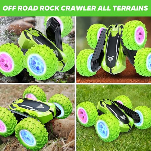 KKONES Remote Control Car, 2.4GHz Electric Race Stunt Car, Double Sided 360° Rolling Rotating Rotation, LED Headlights RC 4WD High Speed Off Road Gift for 3 4 5 6 7 8-12 Year Old Boy Toys (Green) - 5